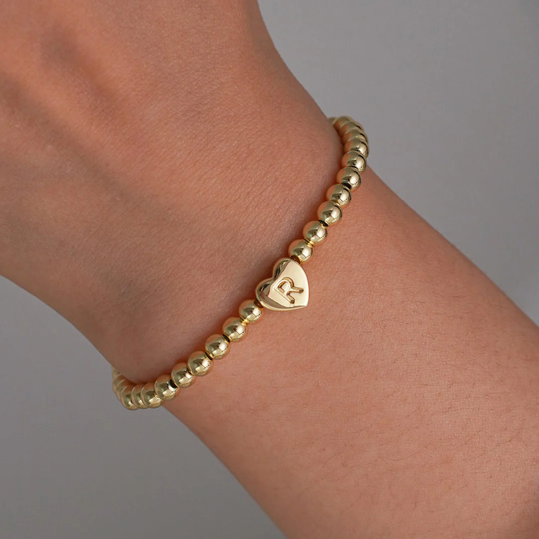 Gold Beaded Bracelet with Heart Initial - Image 3