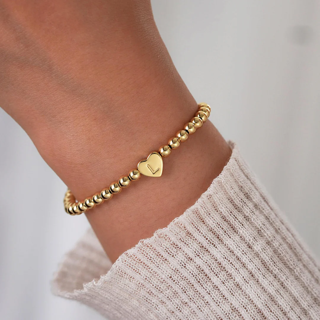 Gold Beaded Bracelet with Heart Initial - Image 6