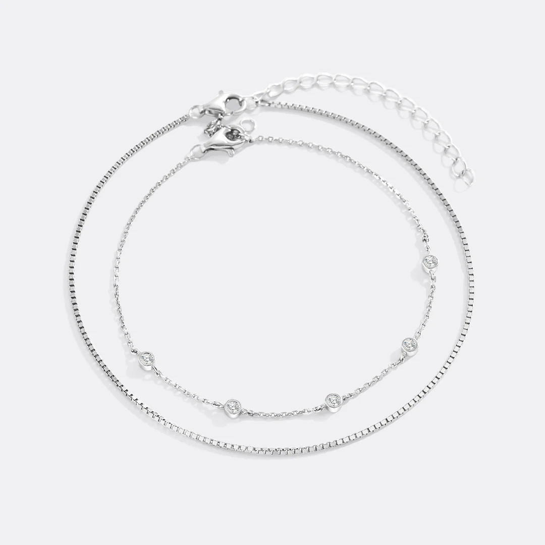 Bezel Set Diamond Bracelet and Box Chain Bracelet Stacking Set - Image 6