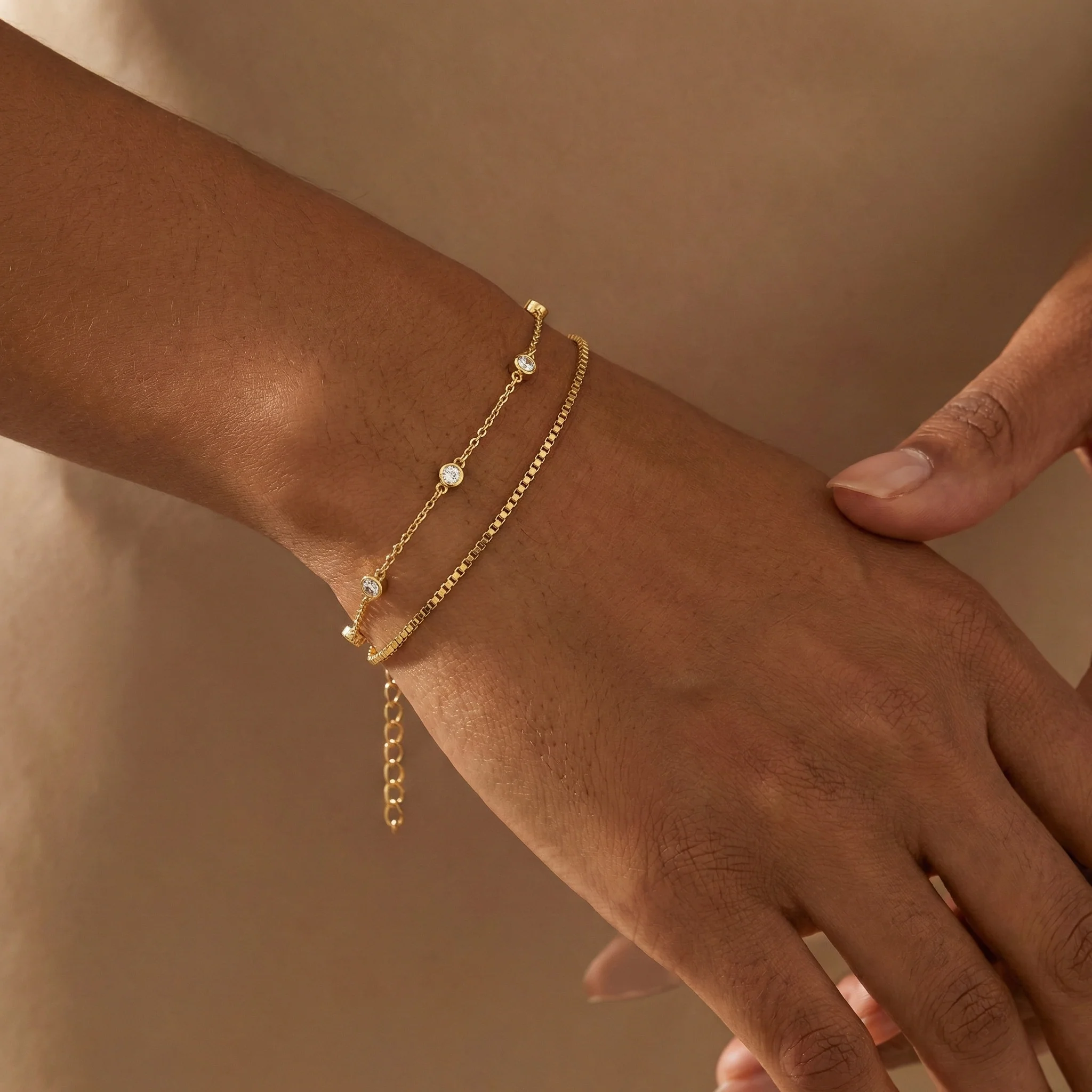 Bezel Set Diamond Bracelet and Box Chain Bracelet Stacking Set - Image 7