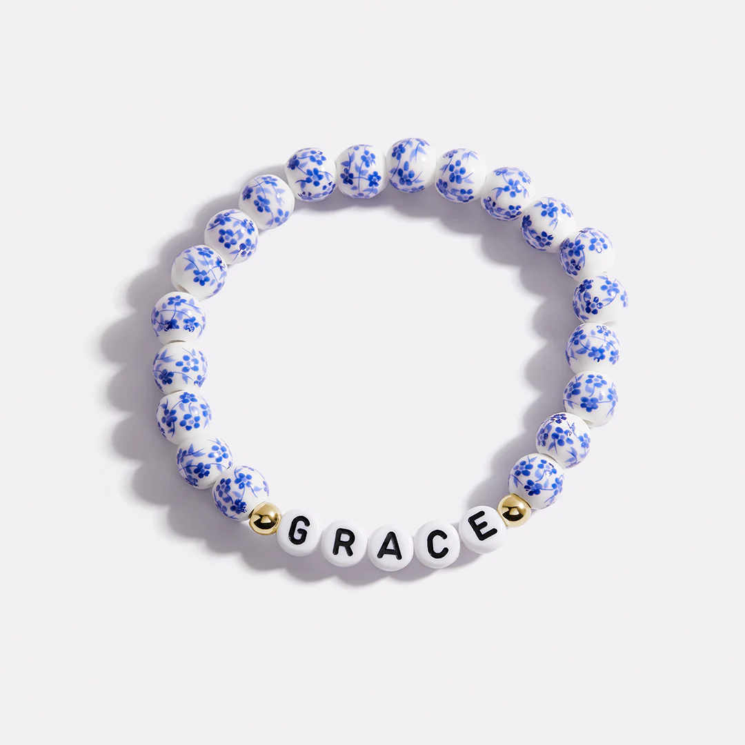 Custom Name Blue Porcelain Floral Beaded Bracelet - Image 32