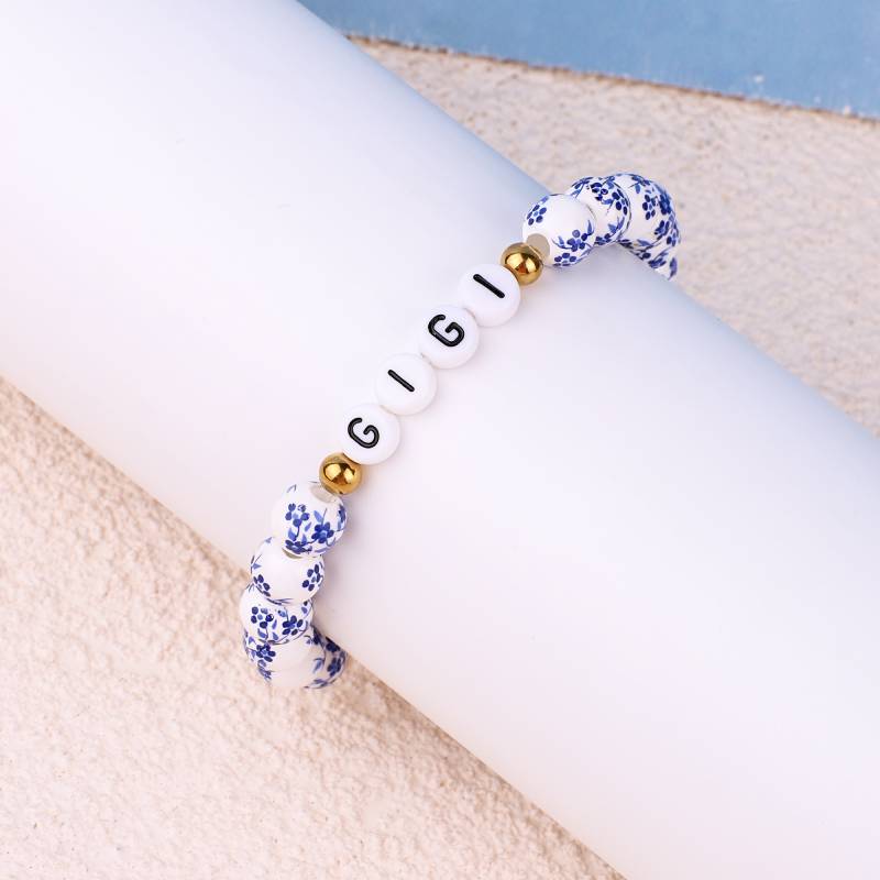 Custom Name Blue Porcelain Floral Beaded Bracelet - Image 9