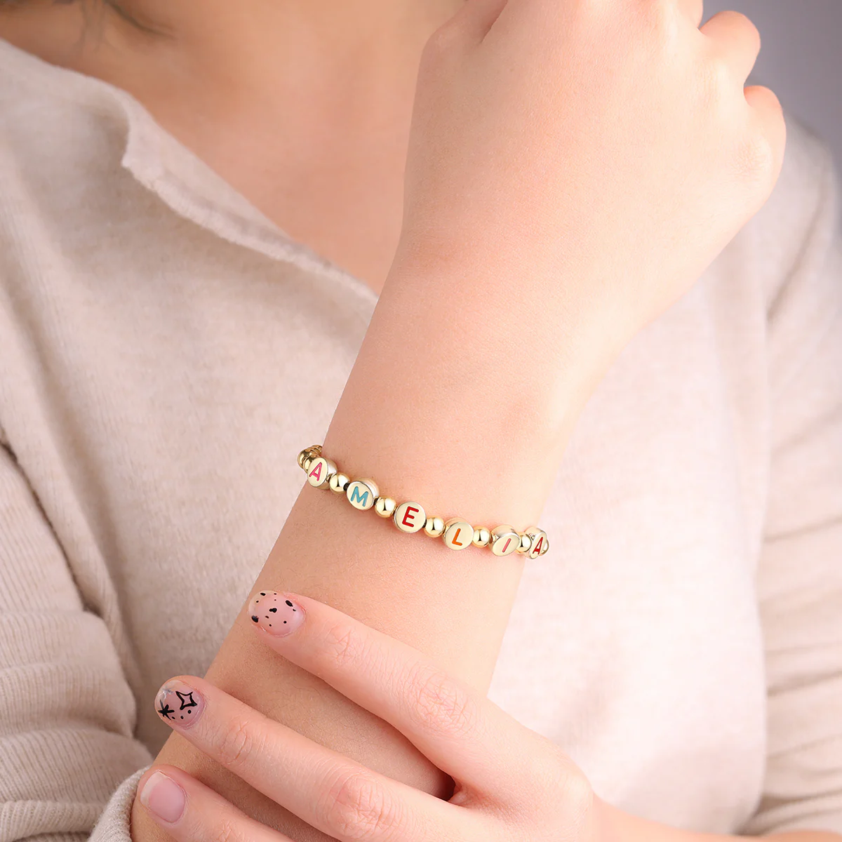 Custom Rainbow Letter Gold Disc Beaded Bracelet - Image 5