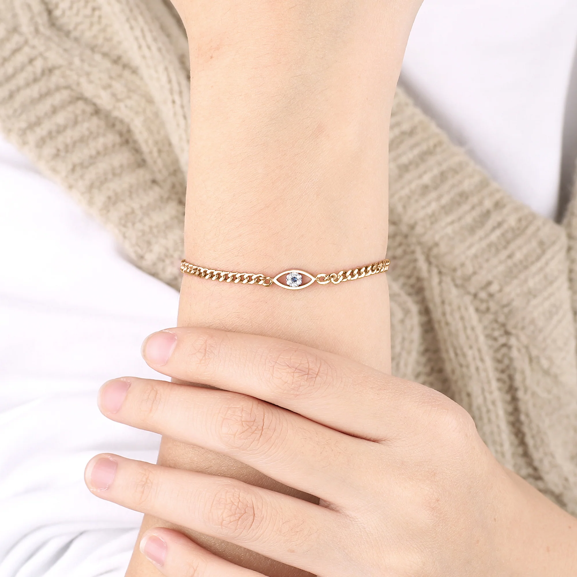 Dainty Cuban Link Chain Evil Eye Bracelet - Image 12