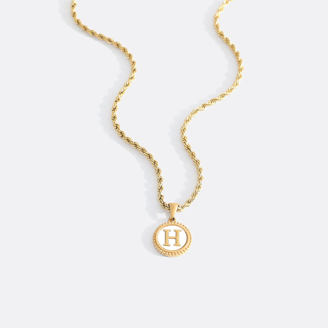Mother of Pearl Disc Letter Necklace with Rope Chain - Image 12