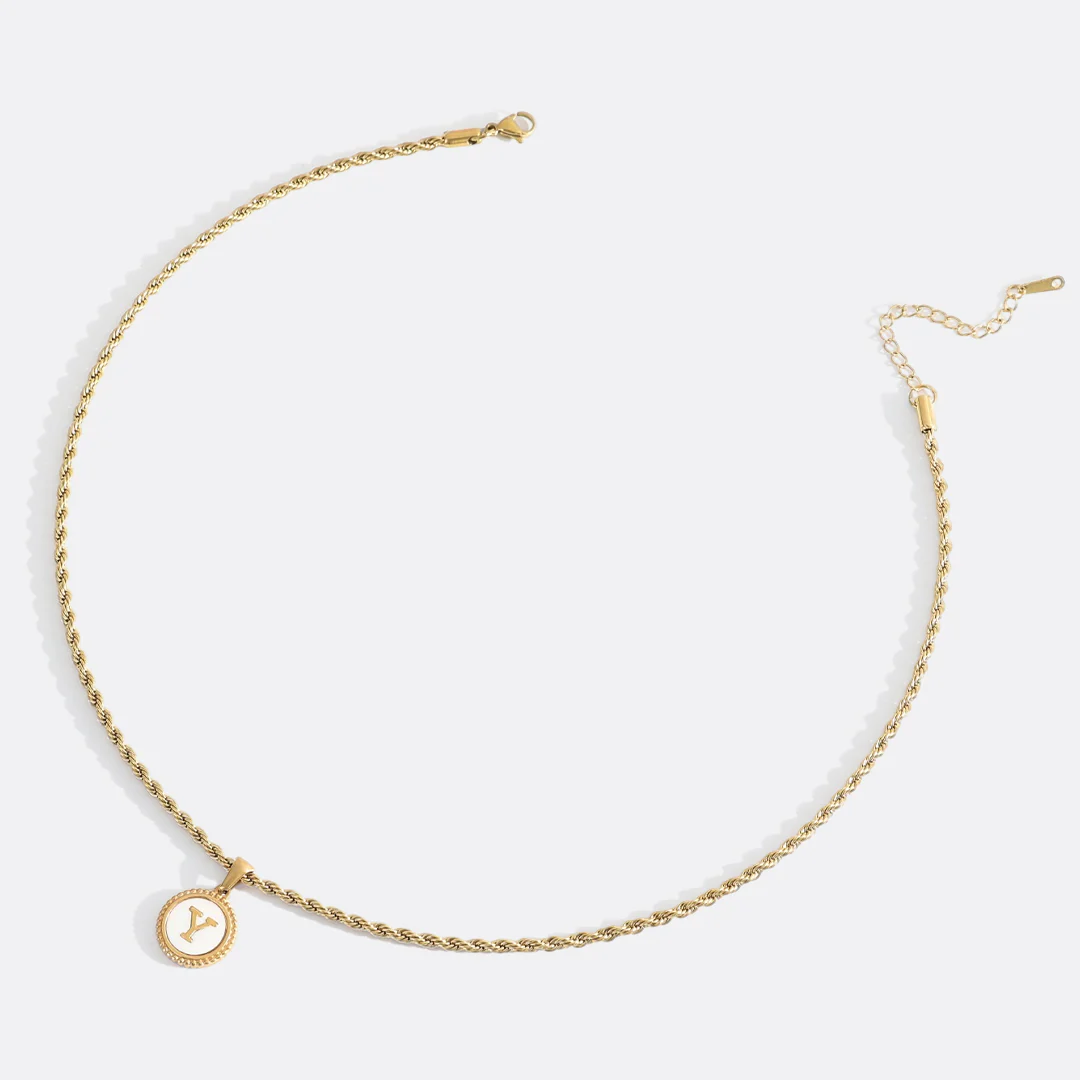 Mother of Pearl Disc Letter Necklace with Rope Chain - Image 55
