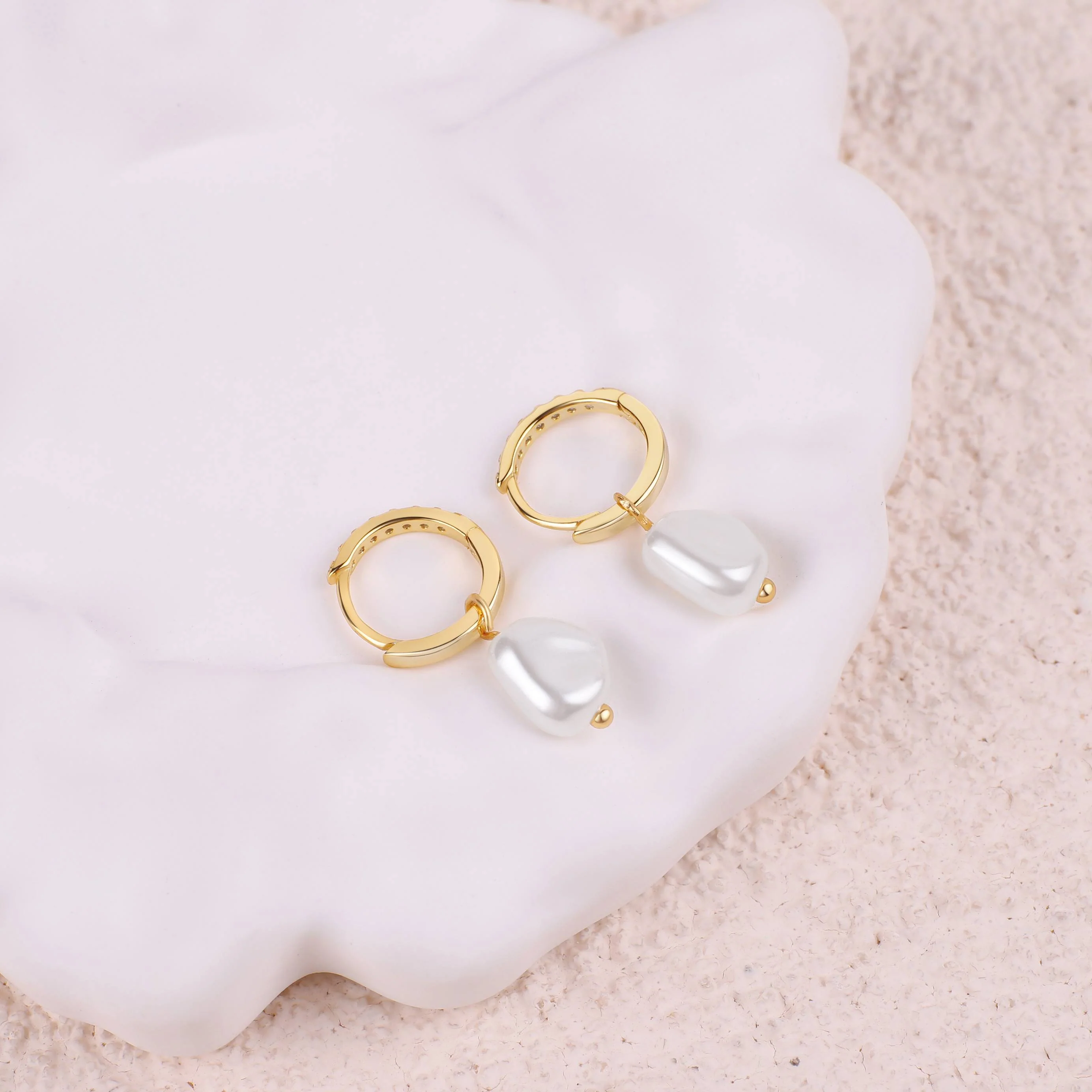 Freshwater Pearl Drop Pave Huggie Earrings - Image 10