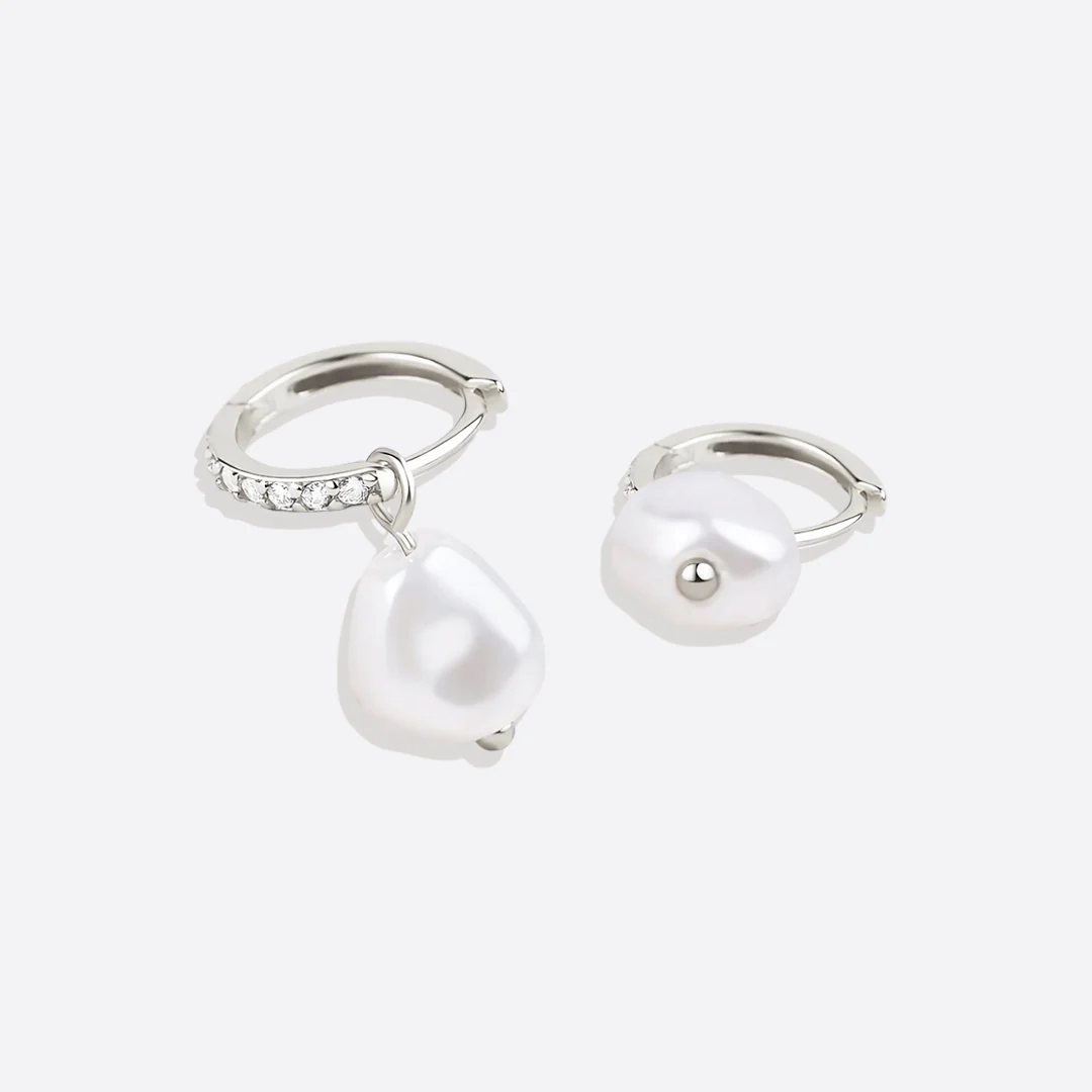 Freshwater Pearl Drop Pave Huggie Earrings - Image 15