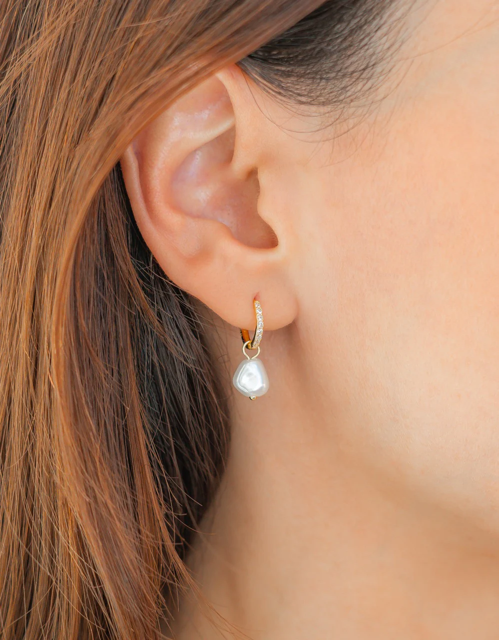 Freshwater Pearl Drop Pave Huggie Earrings - Image 4