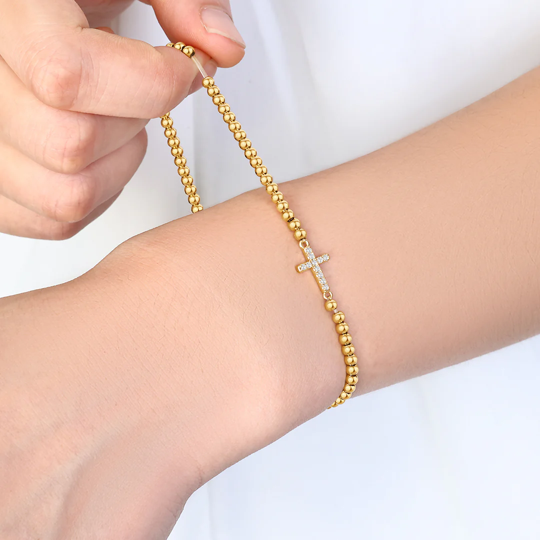 Gold Beaded Cross Stretch Bracelet - Image 3