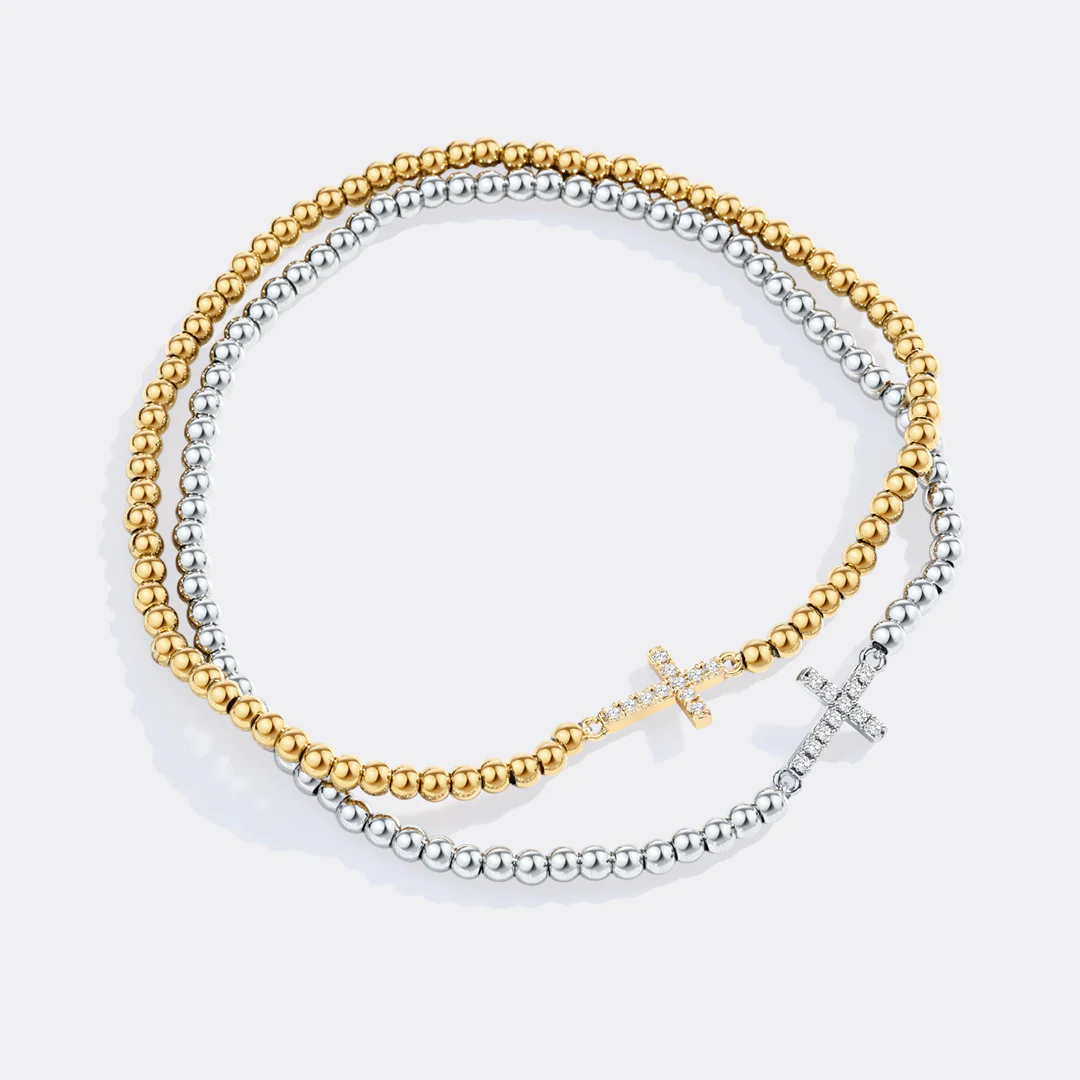 Gold Beaded Cross Stretch Bracelet - Image 6