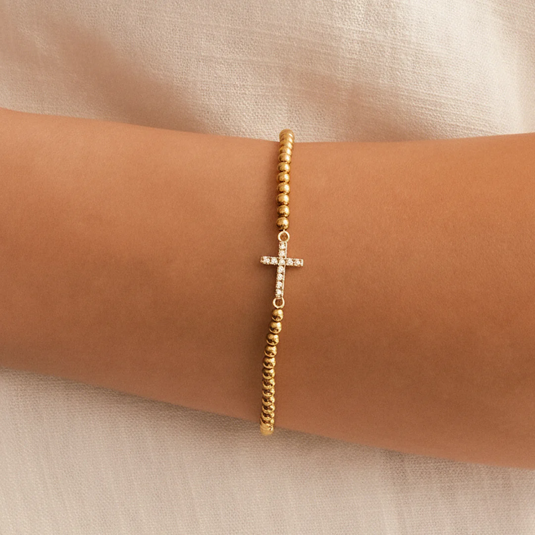 Gold Beaded Cross Stretch Bracelet - Image 9
