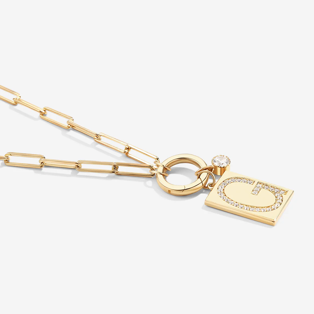 Gold Pave Initial Pendant Necklace with Paperclip Chain - Image 10