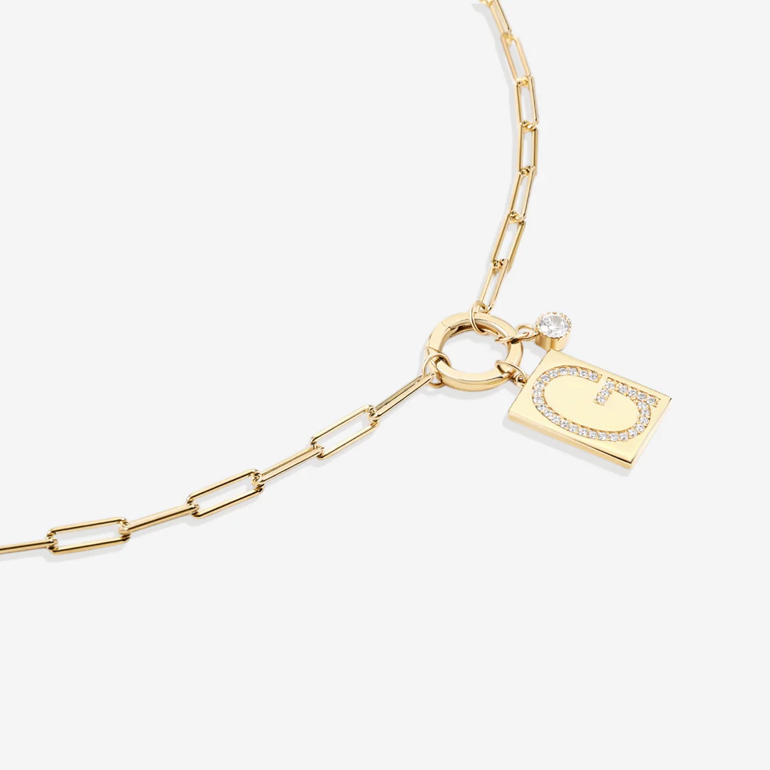 Gold Pave Initial Pendant Necklace with Paperclip Chain - Image 8