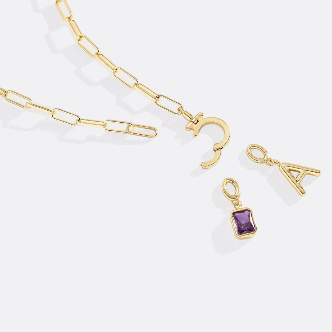 Mint Paperclip Necklace with Initial & Birthstone Charm - Image 11