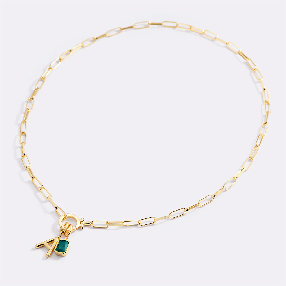 Mint Paperclip Necklace with Initial & Birthstone Charm - Image 15