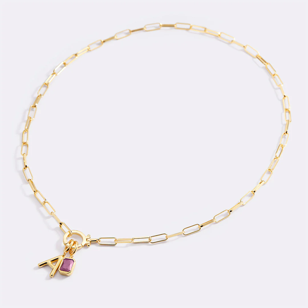 Mint Paperclip Necklace with Initial & Birthstone Charm - Image 18