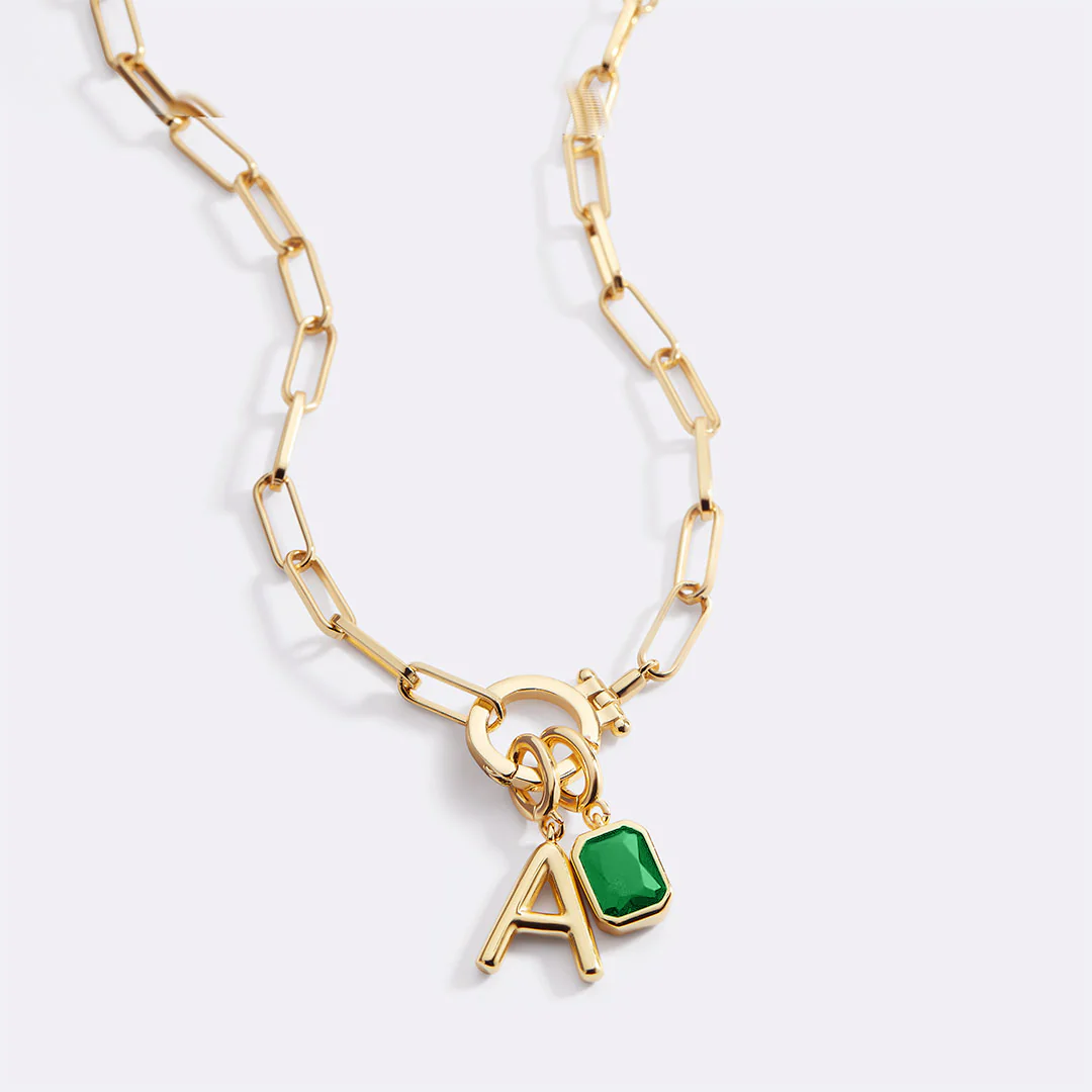Mint Paperclip Necklace with Initial & Birthstone Charm - Image 27