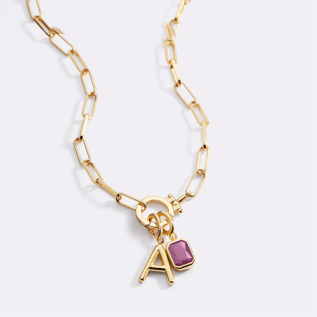 Mint Paperclip Necklace with Initial & Birthstone Charm - Image 29