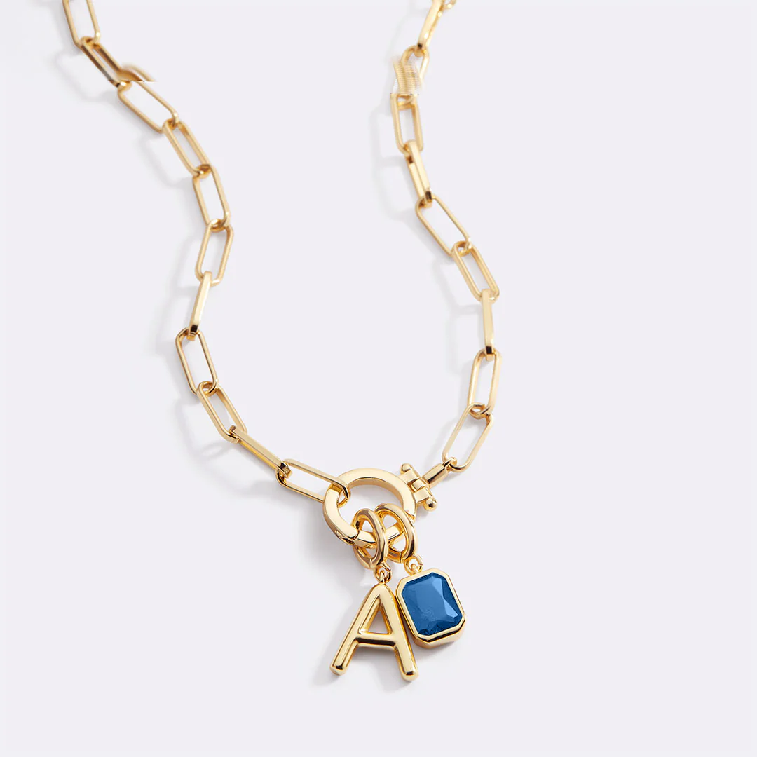 Mint Paperclip Necklace with Initial & Birthstone Charm - Image 30