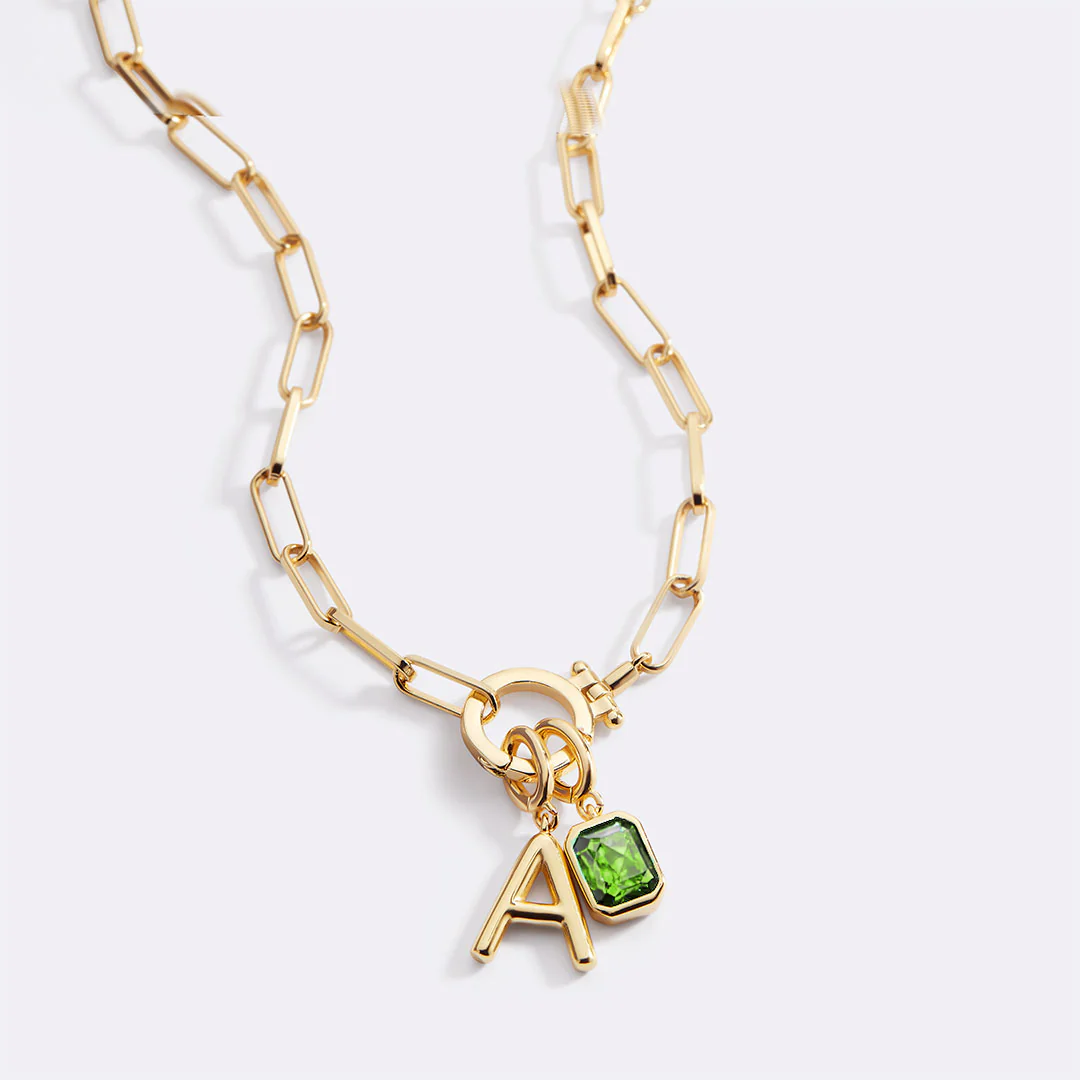 Mint Paperclip Necklace with Initial & Birthstone Charm - Image 45