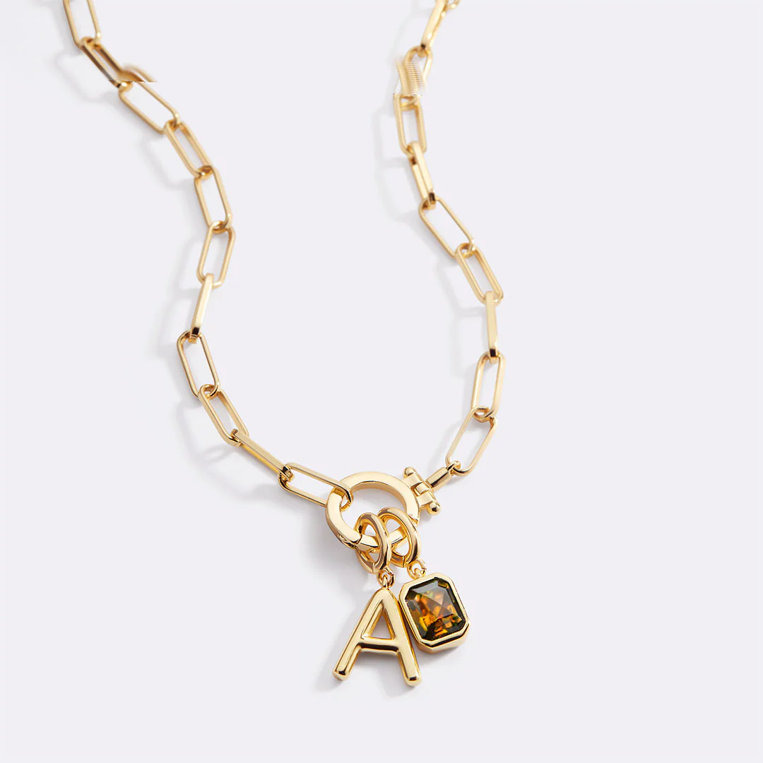 Mint Paperclip Necklace with Initial & Birthstone Charm - Image 51