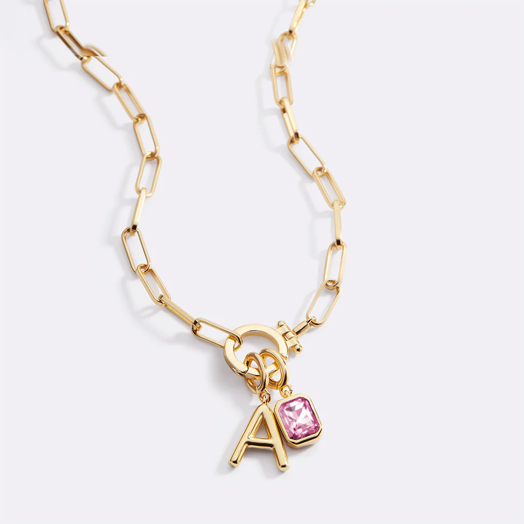 Mint Paperclip Necklace with Initial & Birthstone Charm - Image 52