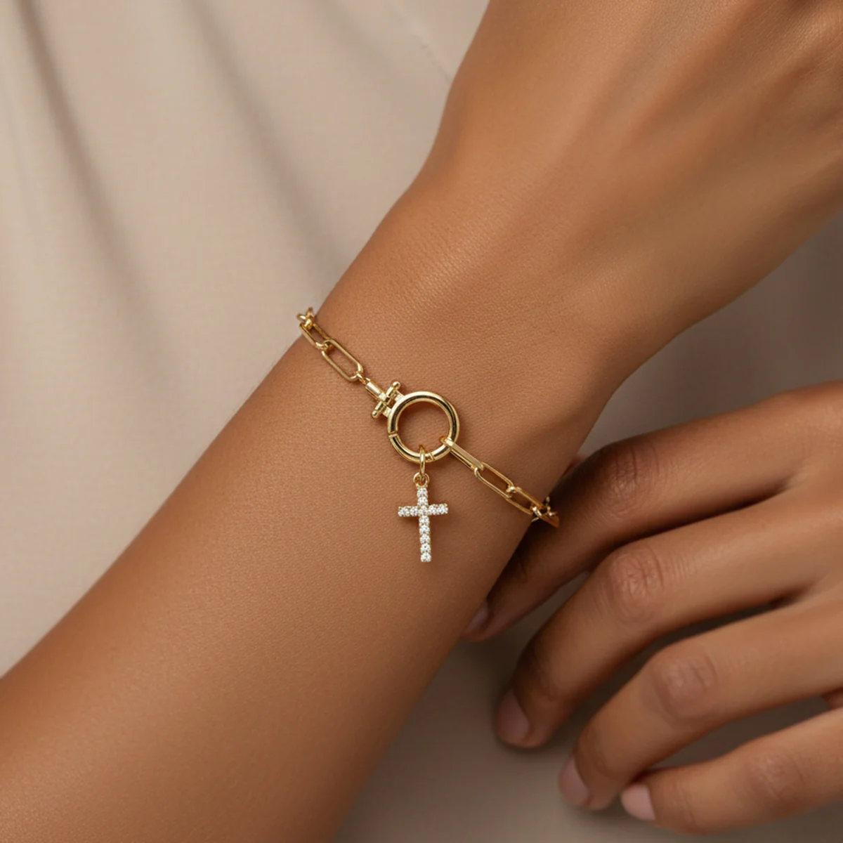 Mint Paperclip Bracelet with Pave Cross Charm - Image 2