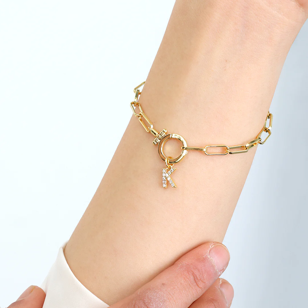Mint Paperclip Bracelet with Pave Initial Charm - Image 4