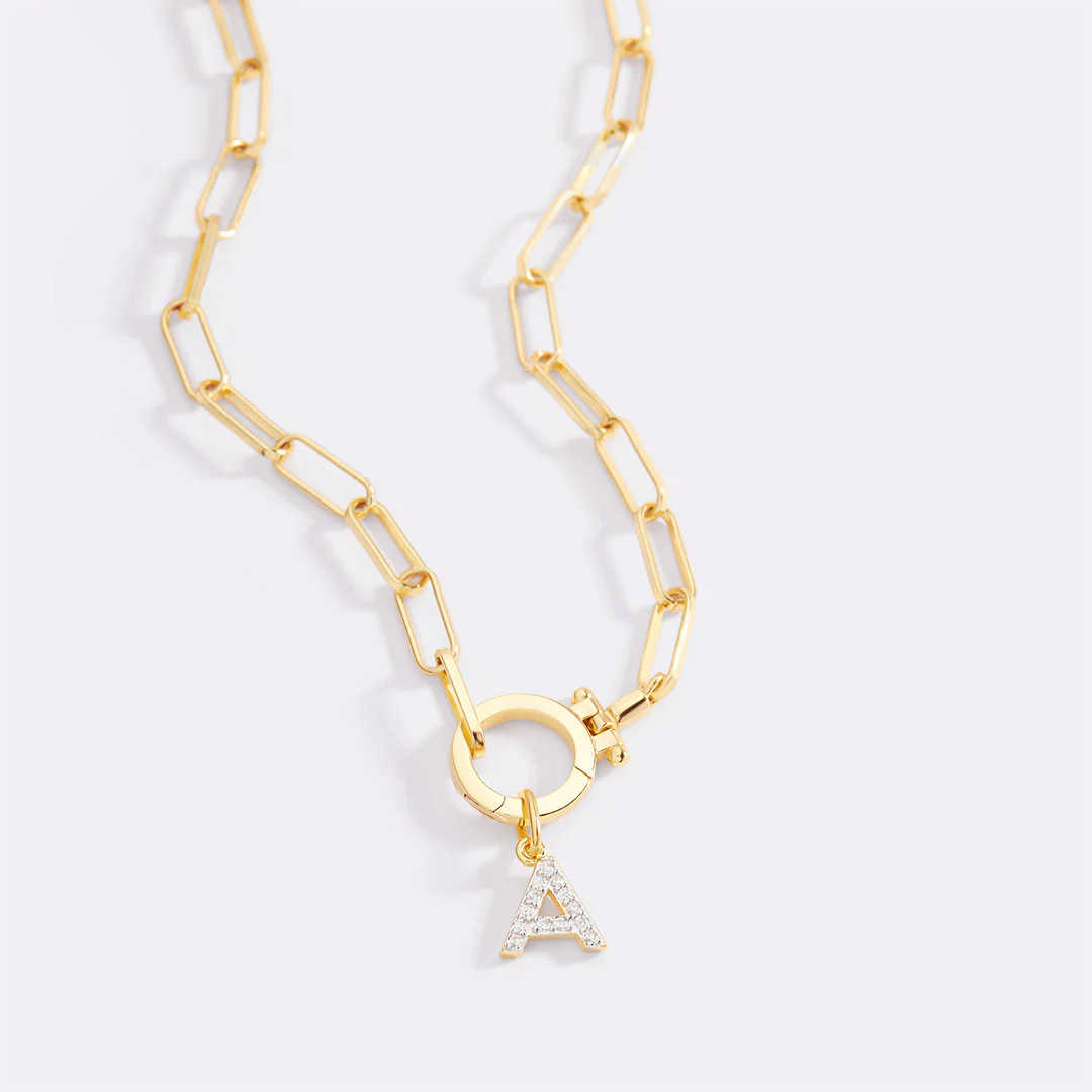 Mint Paperclip Necklace with Pave Initial Charm - Image 2