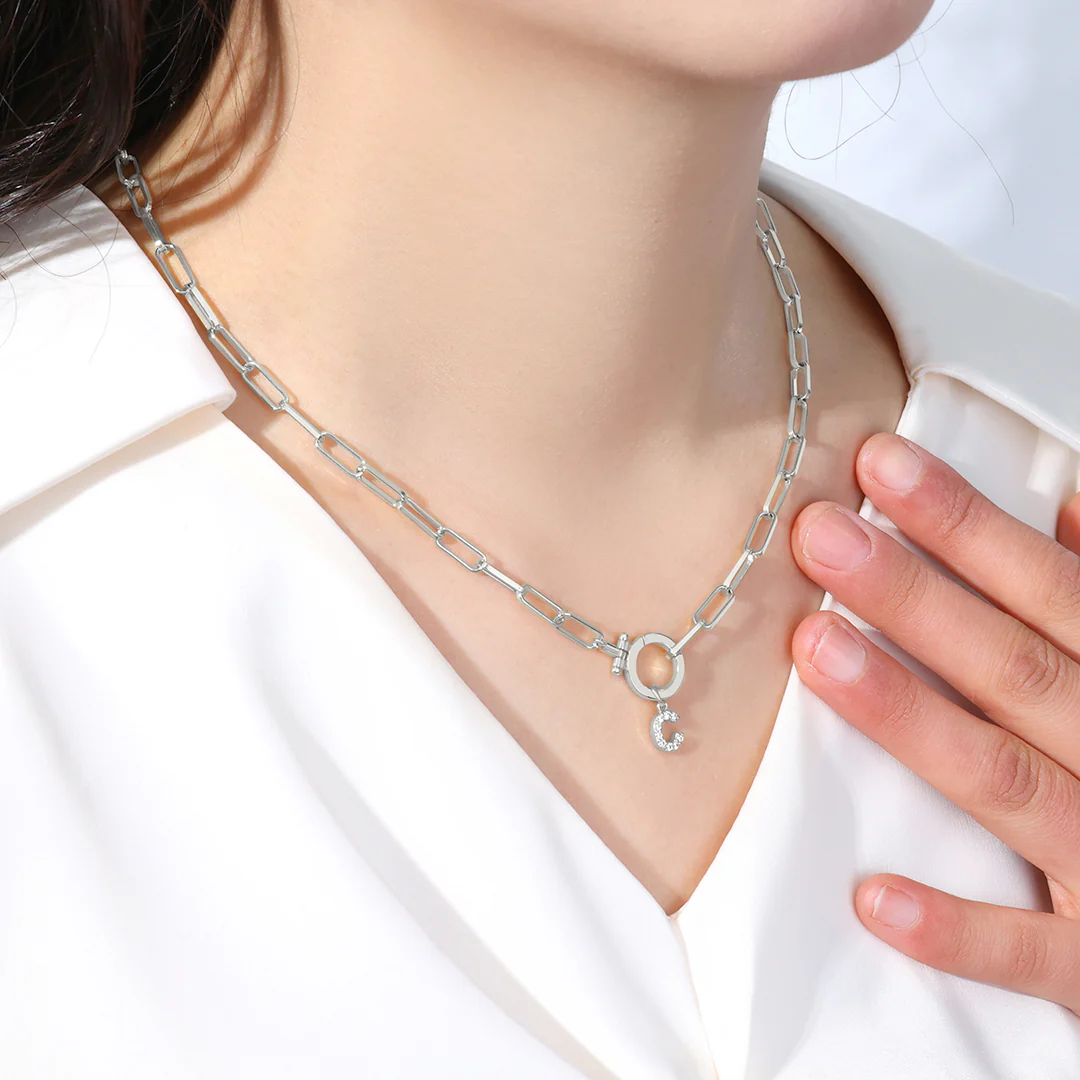 Mint Paperclip Necklace with Pave Initial Charm - Image 32