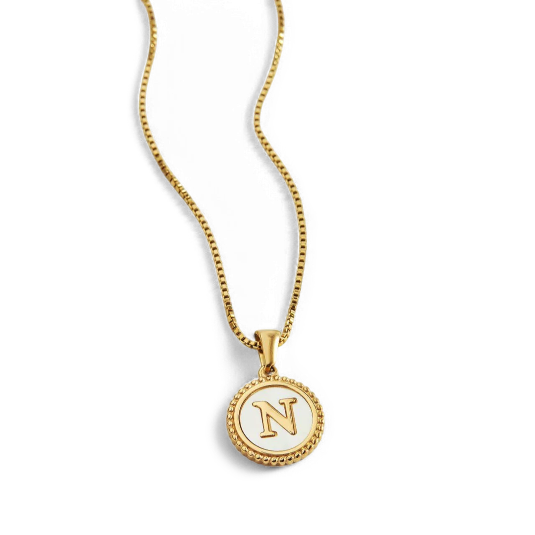 Mother of Pearl Disc Letter Necklace with Box Chain - Image 3