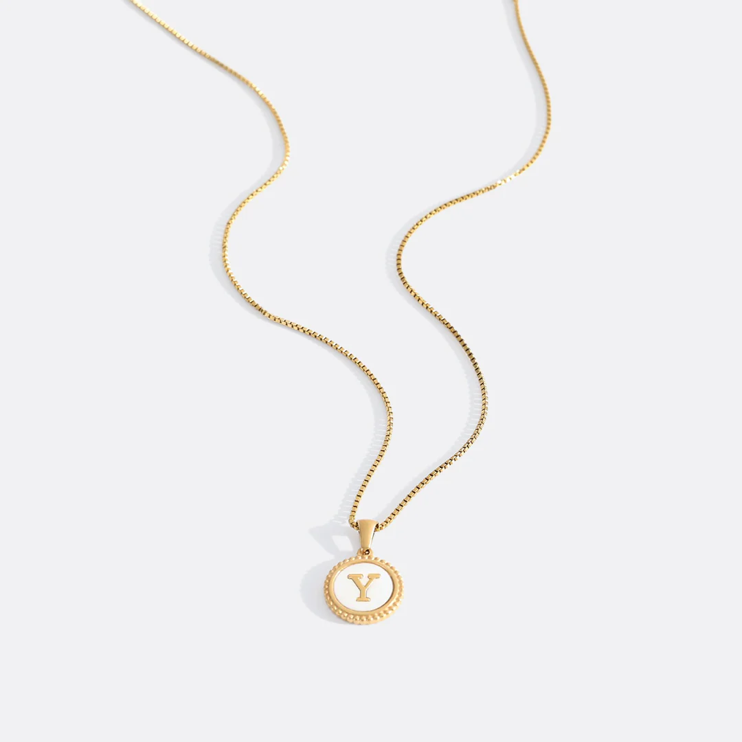 Mother of Pearl Disc Letter Necklace with Box Chain - Image 31