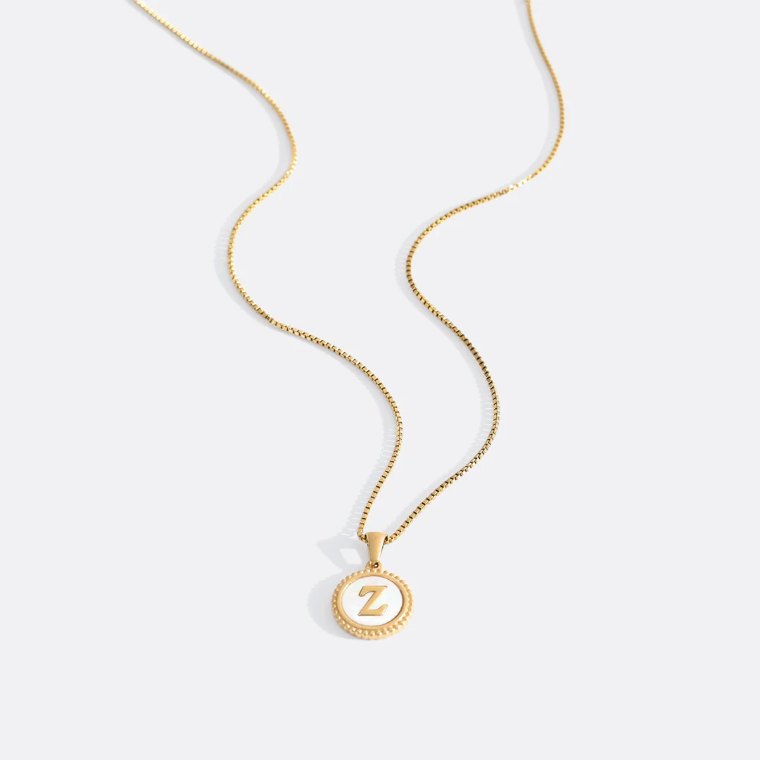 Mother of Pearl Disc Letter Necklace with Box Chain - Image 32