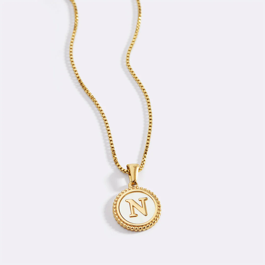 Mother of Pearl Disc Letter Necklace with Box Chain - Image 4