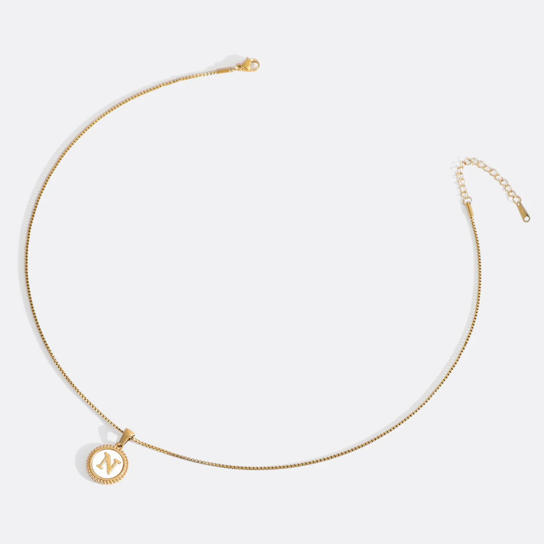 Mother of Pearl Disc Letter Necklace with Box Chain - Image 46