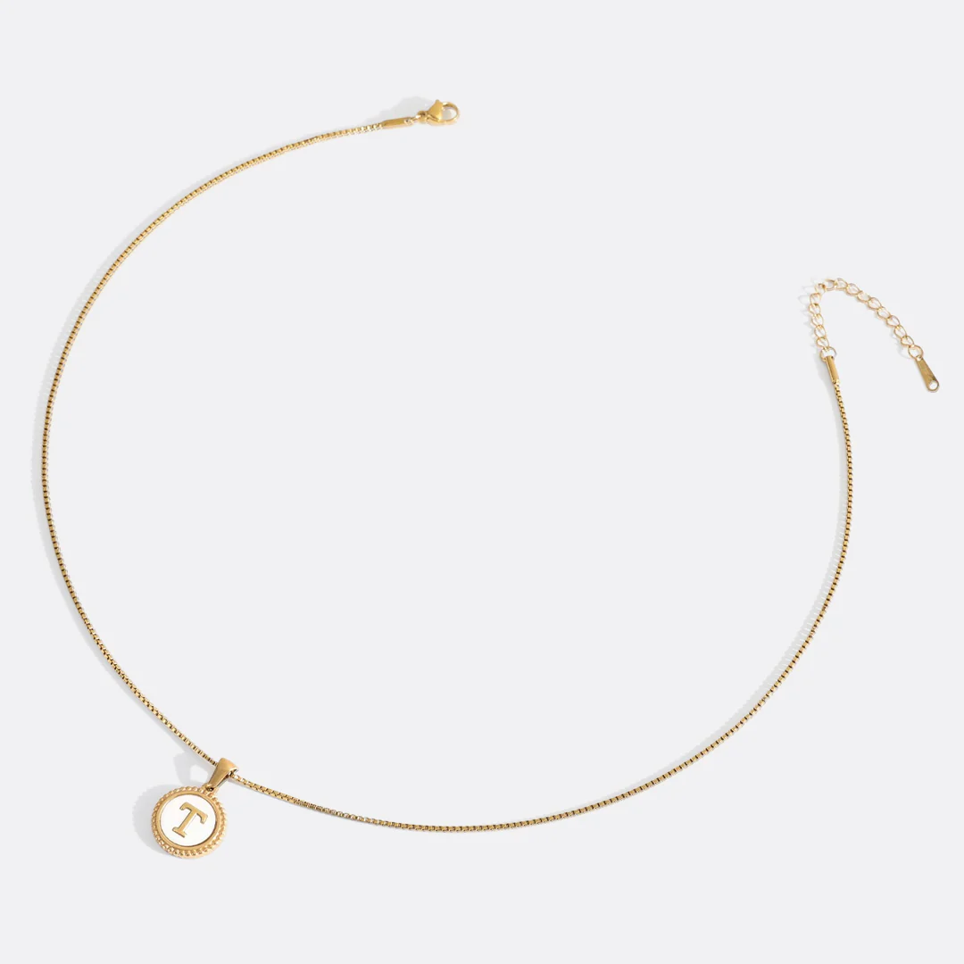 Mother of Pearl Disc Letter Necklace with Box Chain - Image 52
