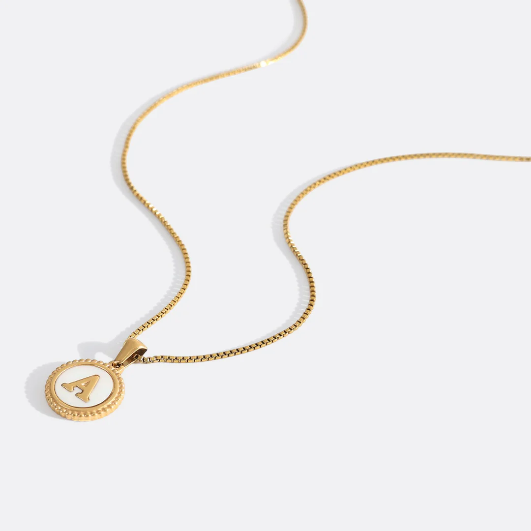 Mother of Pearl Disc Letter Necklace with Box Chain - Image 59