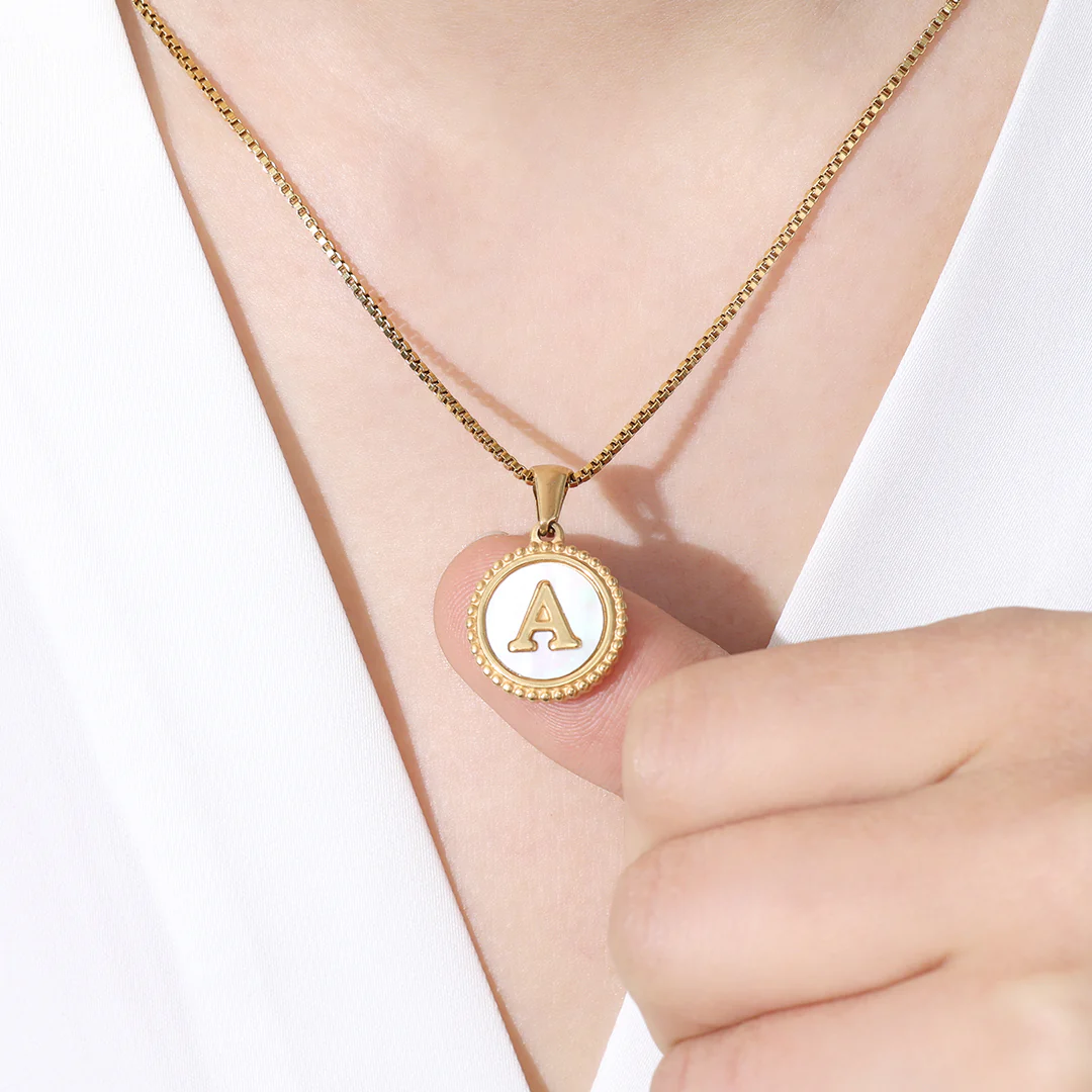 Mother of Pearl Disc Letter Necklace with Box Chain - Image 61
