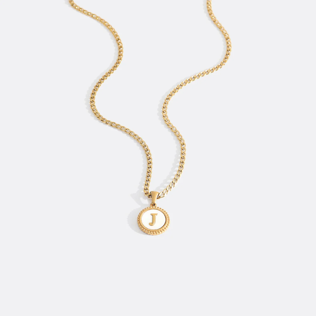 Mother of Pearl Disc Letter Necklace with Cuban Chain - Image 23