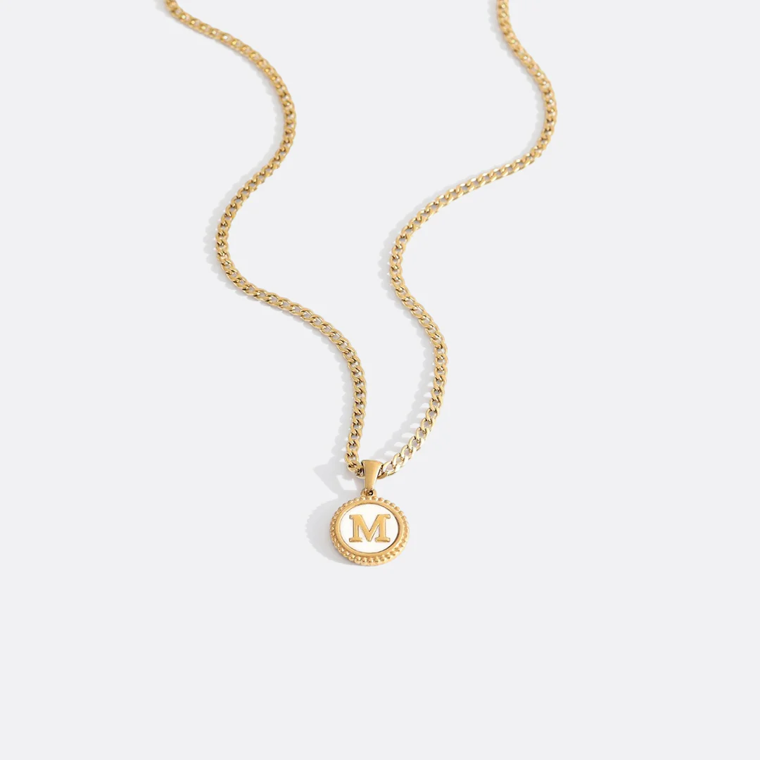 Mother of Pearl Disc Letter Necklace with Cuban Chain - Image 29