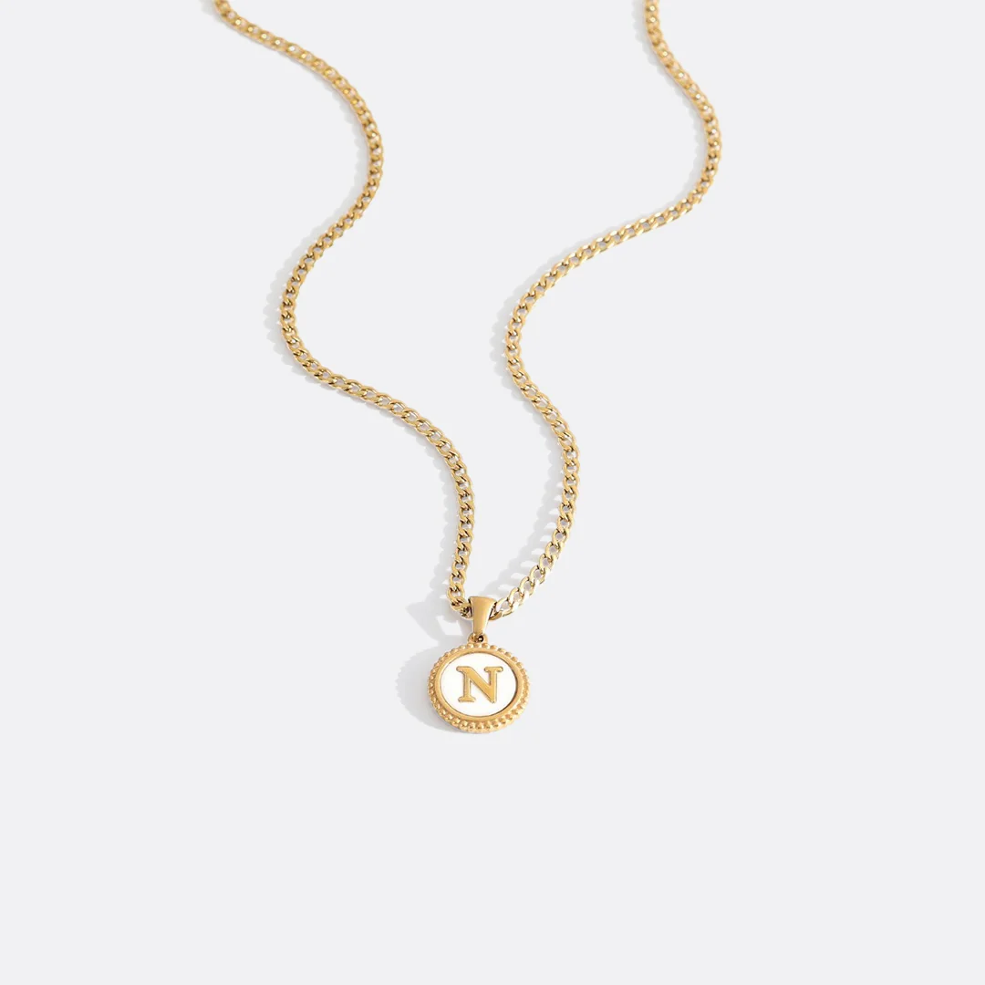 Mother of Pearl Disc Letter Necklace with Cuban Chain - Image 31