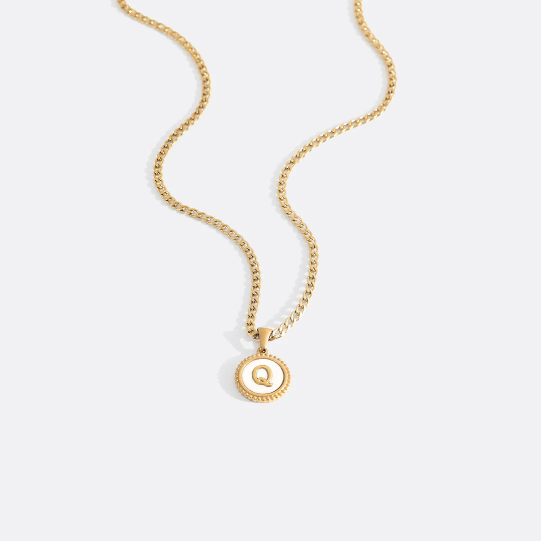 Mother of Pearl Disc Letter Necklace with Cuban Chain - Image 37
