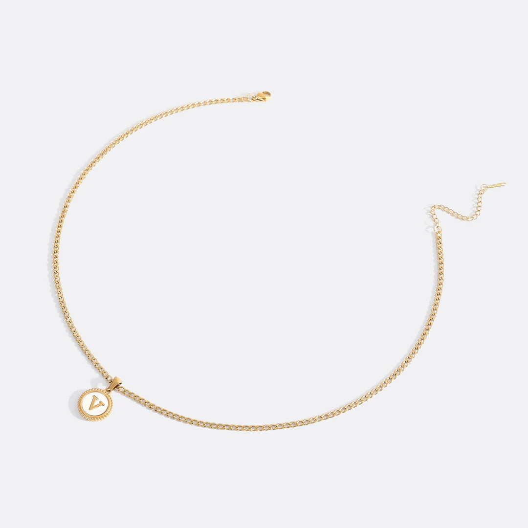 Mother of Pearl Disc Letter Necklace with Cuban Chain - Image 48