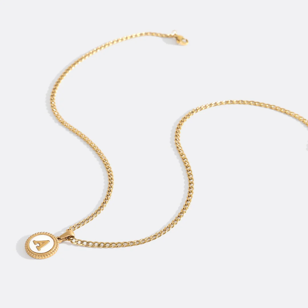 Mother of Pearl Disc Letter Necklace with Cuban Chain - Image 5