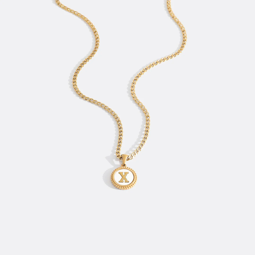 Mother of Pearl Disc Letter Necklace with Cuban Chain - Image 51
