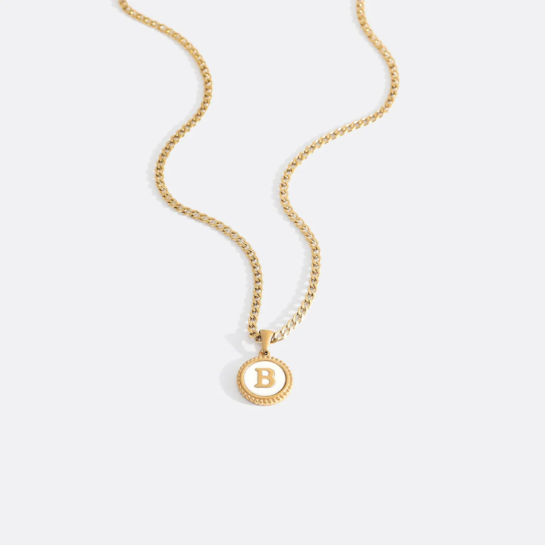 Mother of Pearl Disc Letter Necklace with Cuban Chain - Image 7