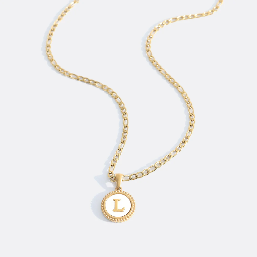 Mother of Pearl Disc Letter Necklace with Figaro Chain - Image 14