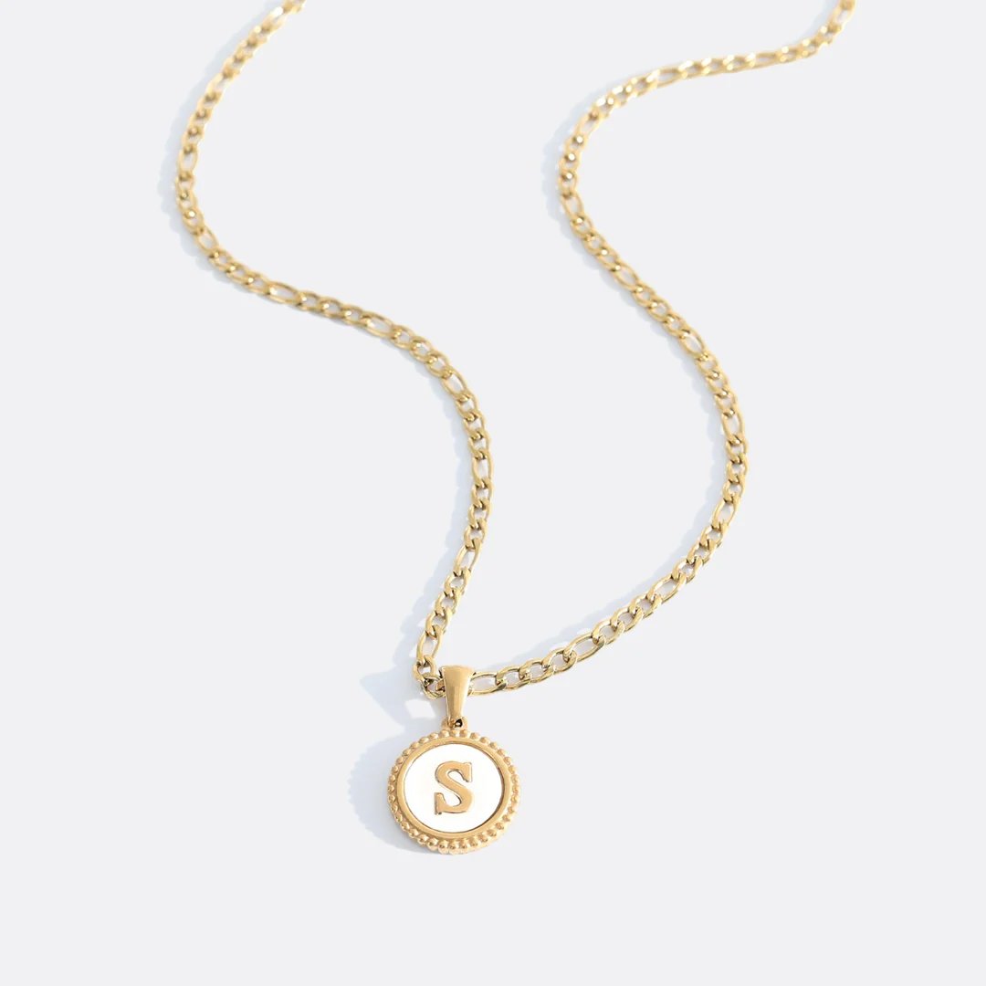 Mother of Pearl Disc Letter Necklace with Figaro Chain - Image 21