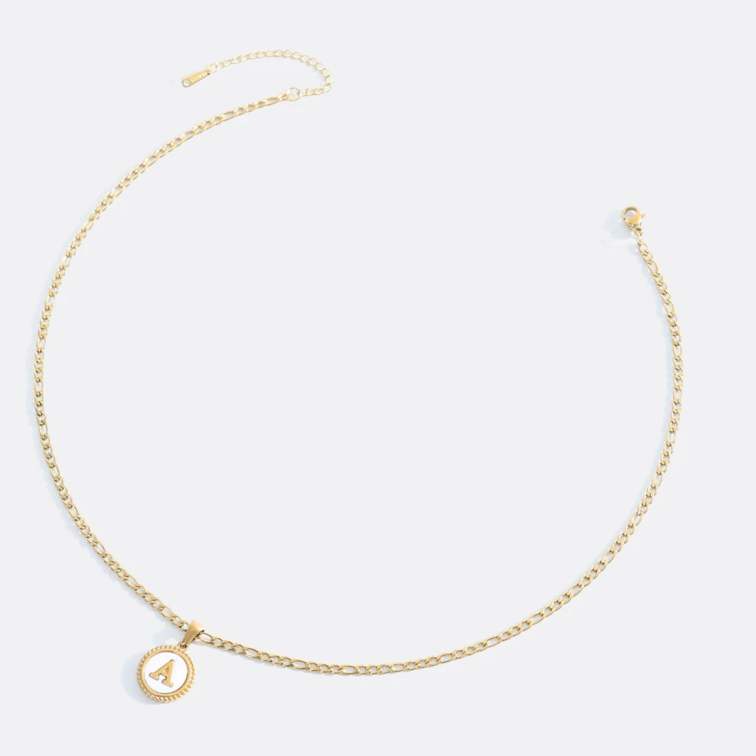 Mother of Pearl Disc Letter Necklace with Figaro Chain - Image 29